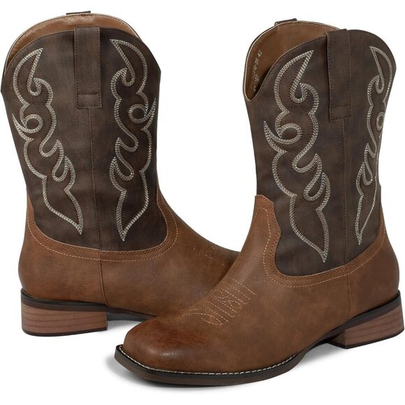 🆕 Men's Square Toe Western Cowboy Boots Faux Leather Riding Winter Fashion - Picture 2 of 9